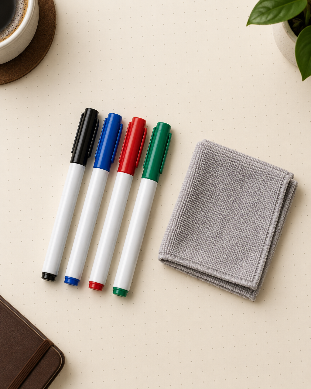 Four dry-erase markers in black, blue, red and green beside a grey microfiber cloth.