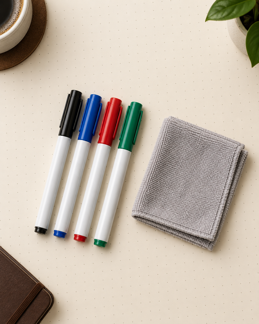 Four dry-erase markers in black, blue, red and green beside a grey microfiber cloth.