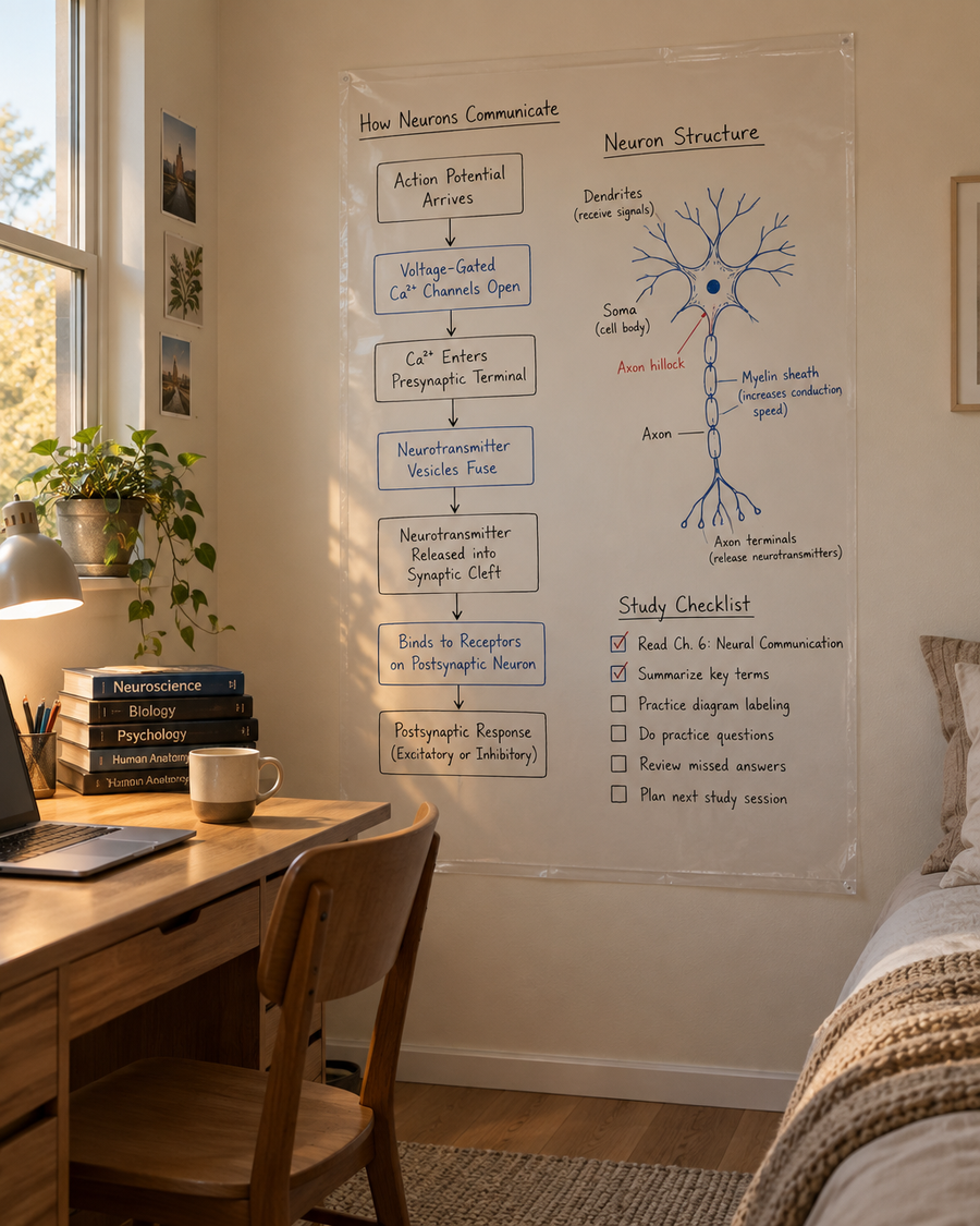 Render of the Small Study Wall, a tall clear sheet of notes beside a desk.